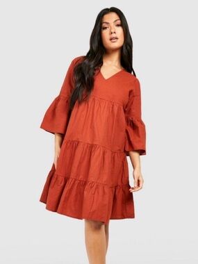 Rust Tiered V-Neck Babydoll Dress - Women's